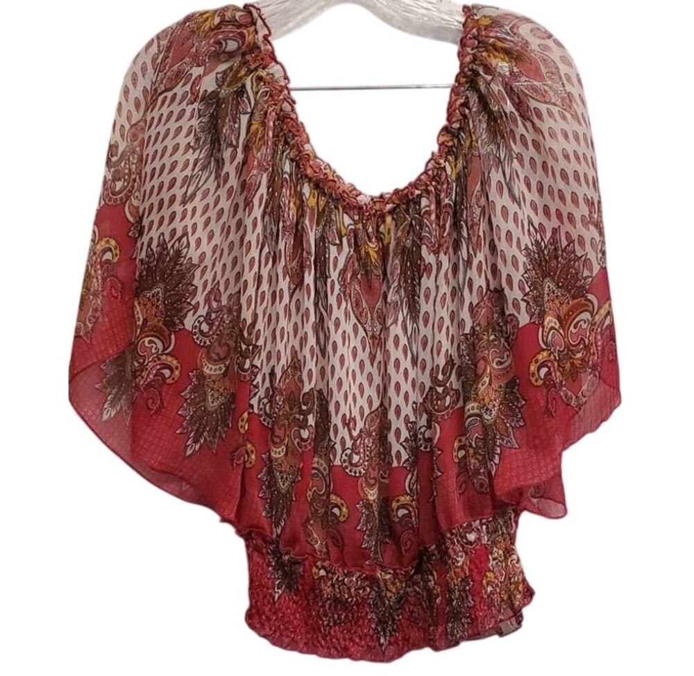 Ultra Pink Flowy Elastic Waist Wide Neck Sheer Short Sleeve Shirt Size Large